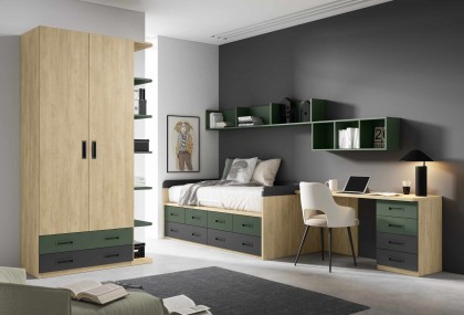 Dormitorio juvenil compacto, escritorio y armario Mod. Koru
