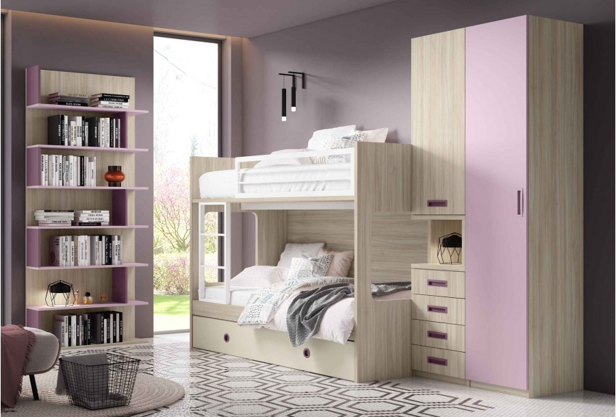 Dormitorio juvenil con litera y estanteria alta Mod. Sitka