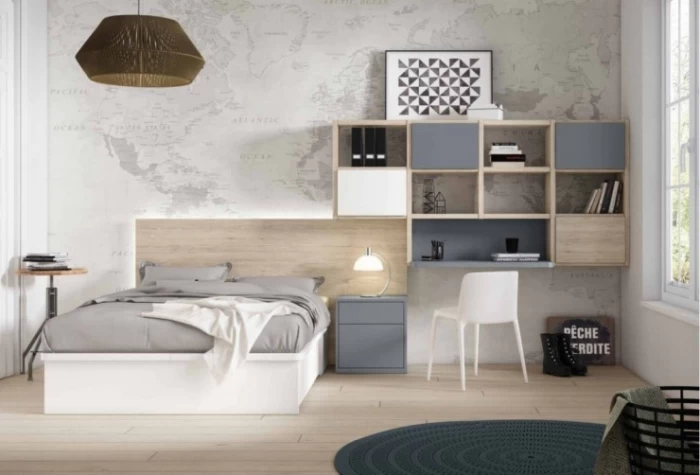 Dormitorio juvenil con bancada cajones, Mod. Nana