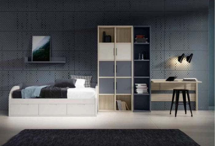 Dormitorio juvenil con estantería, Mod. Nash