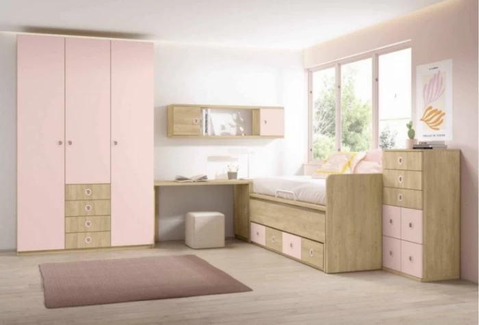 Dormitorio juvenil con armario tres puertas y cajones Mod. Flora Dormitorio Completo juvenil en Bilbao