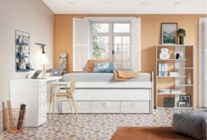 Dormitorio Juvenil LOTSO: compacto 2 camas, mesa y estantería Dormitorio Completo juvenil en Bilbao