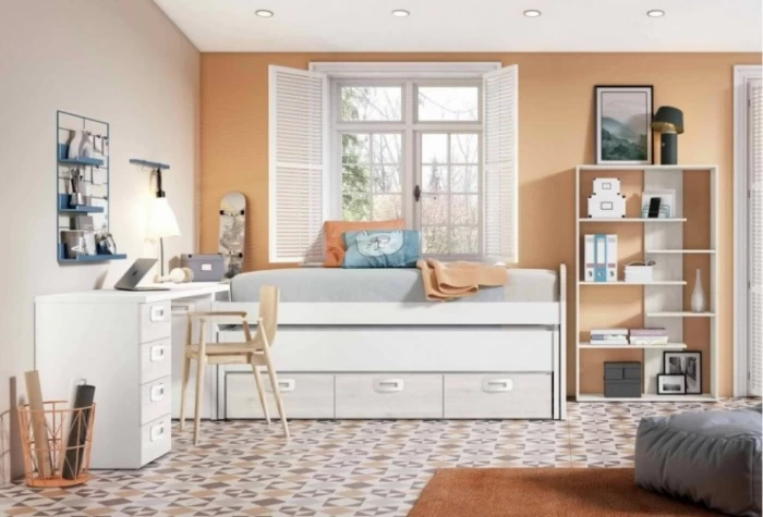 Dormitorio Juvenil LOTSO: compacto 2 camas, mesa y estantería Dormitorio Completo juvenil en Bilbao